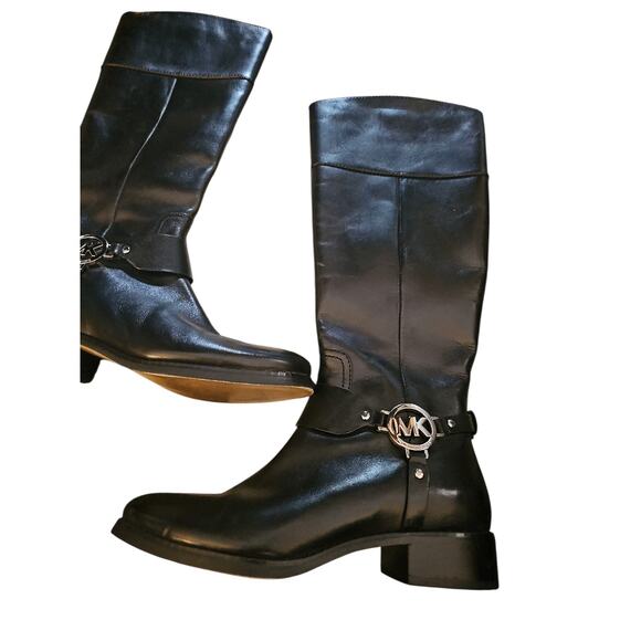 Michael Kors Black Leather Fulton Knee High Tall Riding Boots silver logo sz 6.5 - Picture 3 of 6